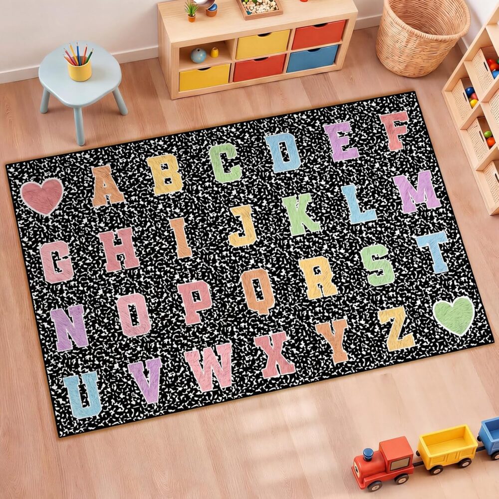 4.92 x 7.55 ft Classroom Rug Composition Notebook Alphabet Rug Pastel Back to School Reading Calming Corner Decor Composition Carpet for Teaching and Playroom