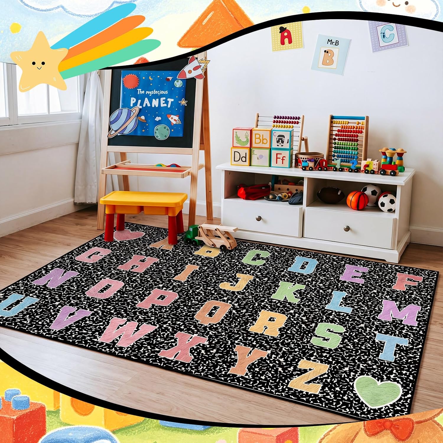 4.92 x 7.55 ft Classroom Rug Composition Notebook Alphabet Rug Pastel Back to School Reading Calming Corner Decor Composition Carpet for Teaching and Playroom - Image 5