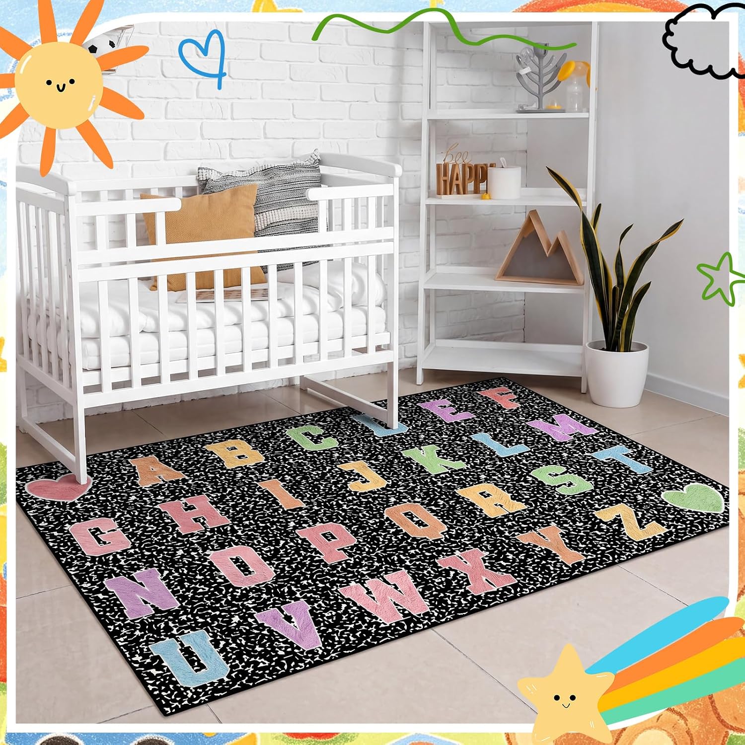 4.92 x 7.55 ft Classroom Rug Composition Notebook Alphabet Rug Pastel Back to School Reading Calming Corner Decor Composition Carpet for Teaching and Playroom - Image 6