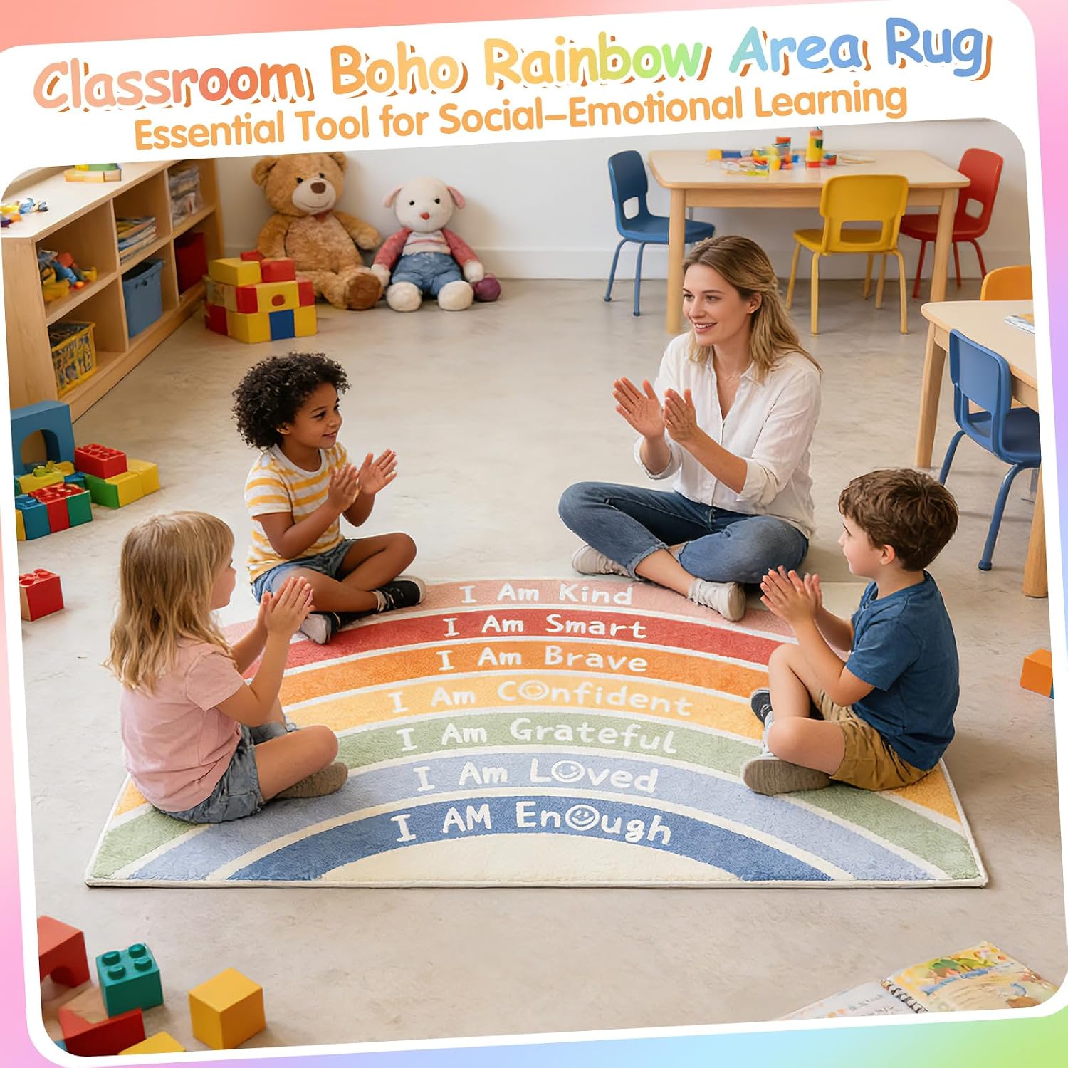 Rainbow Classroom Rug 3'x5' Washable Boho Calming Corner Rug for Girls Bedroom Non-Slip Soft Large Area Rugs Motivational Space Floor Carpet for Nursery Playroom Reading Living Room Home Decor - Image 6