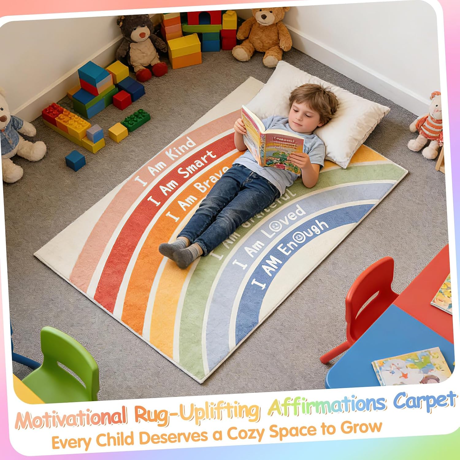 Rainbow Classroom Rug 3'x5' Washable Boho Calming Corner Rug for Girls Bedroom Non-Slip Soft Large Area Rugs Motivational Space Floor Carpet for Nursery Playroom Reading Living Room Home Decor - Image 7