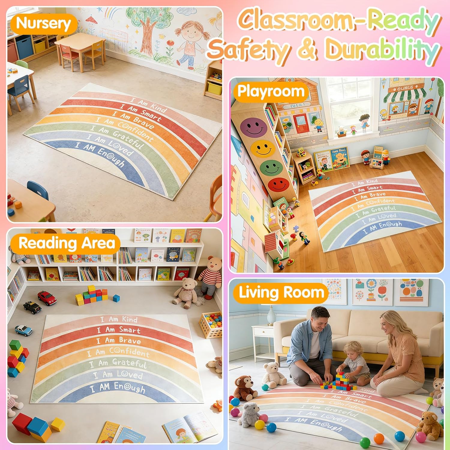 Rainbow Classroom Rug 3'x5' Washable Boho Calming Corner Rug for Girls Bedroom Non-Slip Soft Large Area Rugs Motivational Space Floor Carpet for Nursery Playroom Reading Living Room Home Decor - Image 8