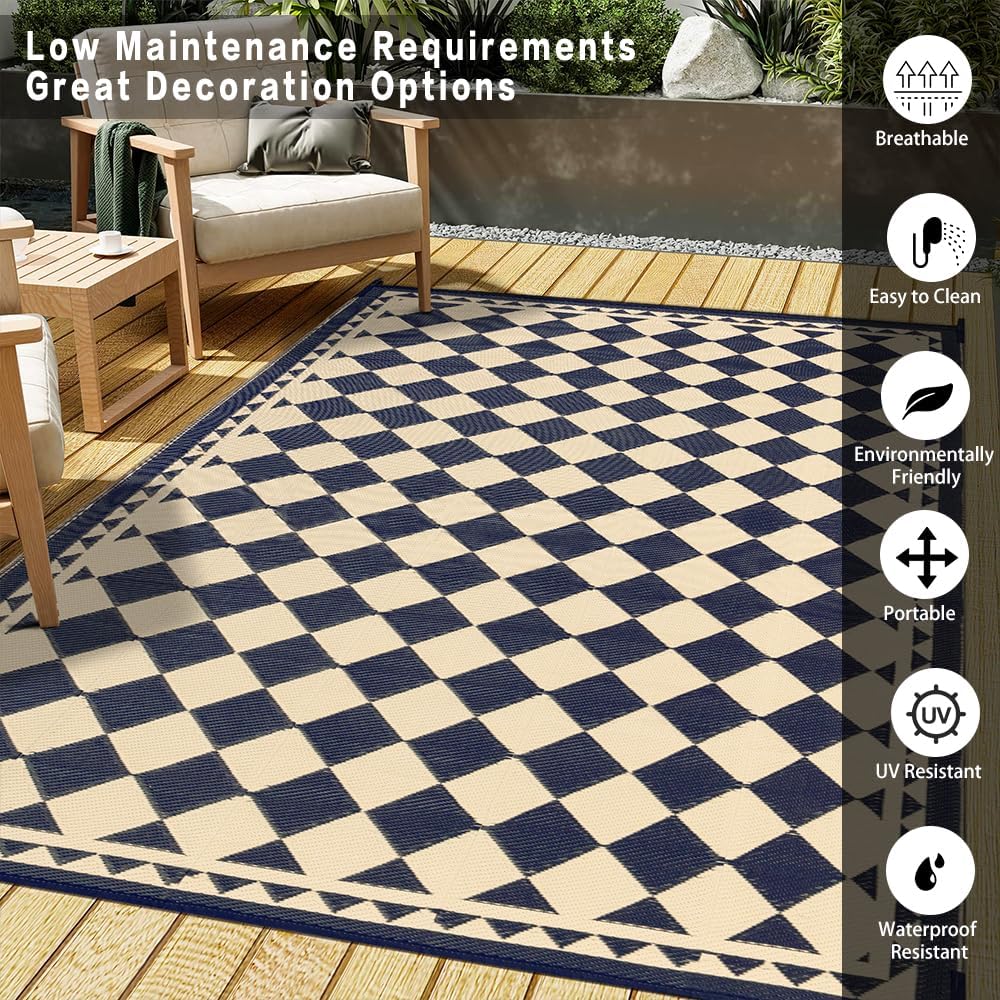 5x8 Black Beige Checkered Waterproof Outdoor Rug for Patio | Reversible Plastic Straw, Foldable, Easy Clean Outdoor Mat for Balcony, Porch, Beach, Tent, RV, Picnic - Image 3