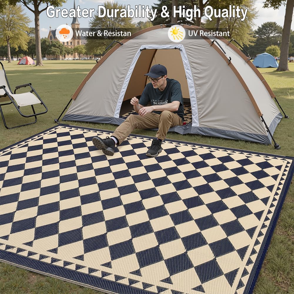 5x8 Black Beige Checkered Waterproof Outdoor Rug for Patio | Reversible Plastic Straw, Foldable, Easy Clean Outdoor Mat for Balcony, Porch, Beach, Tent, RV, Picnic - Image 4