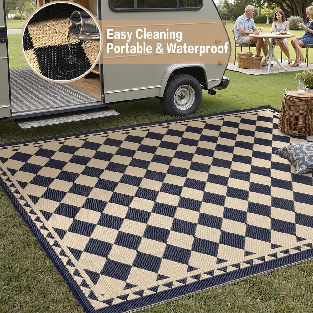 5x8 Black Beige Checkered Waterproof Outdoor Rug for Patio | Reversible Plastic Straw, Foldable, Easy Clean Outdoor Mat for Balcony, Porch, Beach, Tent, RV, Picnic - Image 5