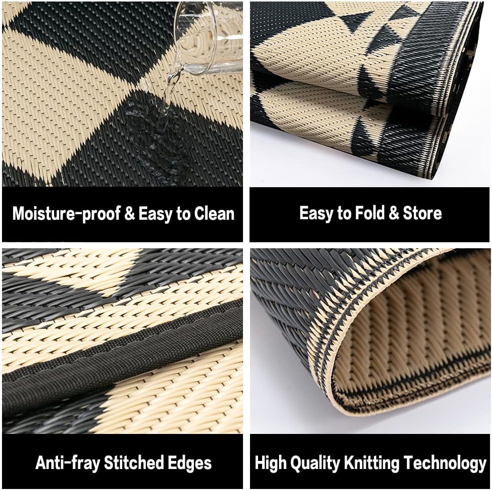 5x8 Black Beige Checkered Waterproof Outdoor Rug for Patio | Reversible Plastic Straw, Foldable, Easy Clean Outdoor Mat for Balcony, Porch, Beach, Tent, RV, Picnic - Image 6