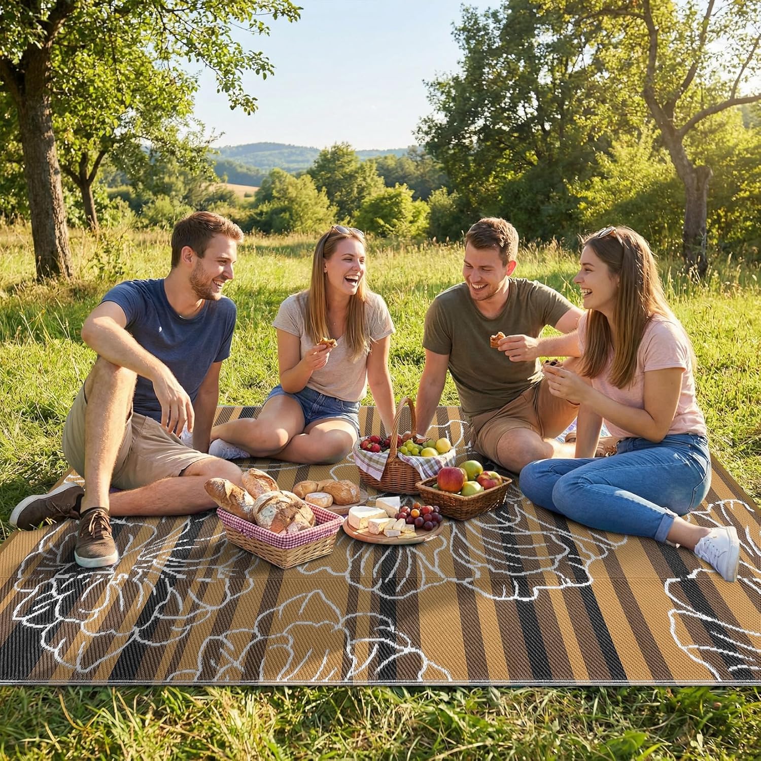Garvee 5x8 Outdoor Waterproof Rug Reversible Straw Patio Rug Black&Brown | Floral Outdoor Area Rug, Portable Camping Mat for RV, Picnic, Beach, Balcony, Garden & Camping, Plastic Straw Rug - Image 3