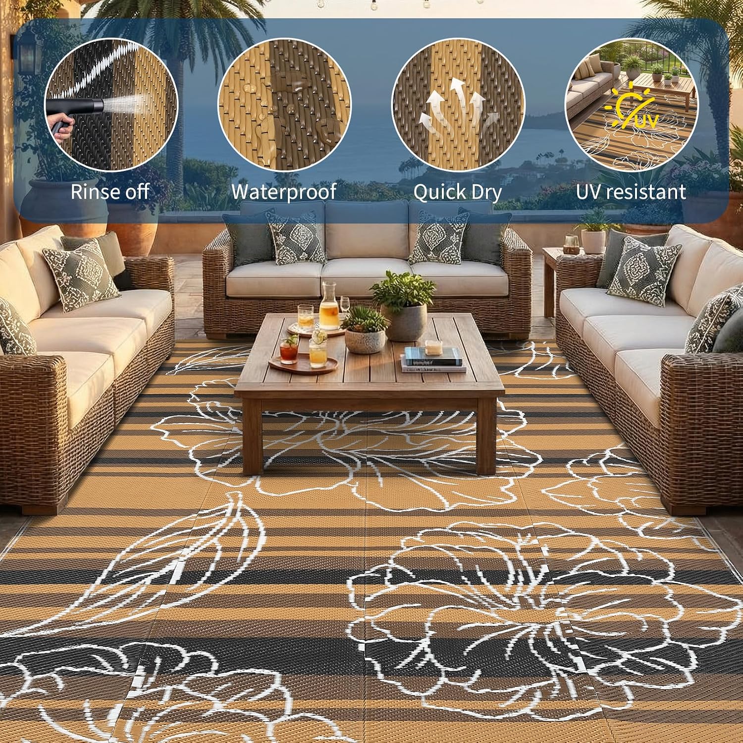 Garvee 5x8 Outdoor Waterproof Rug Reversible Straw Patio Rug Black&Brown | Floral Outdoor Area Rug, Portable Camping Mat for RV, Picnic, Beach, Balcony, Garden & Camping, Plastic Straw Rug - Image 4