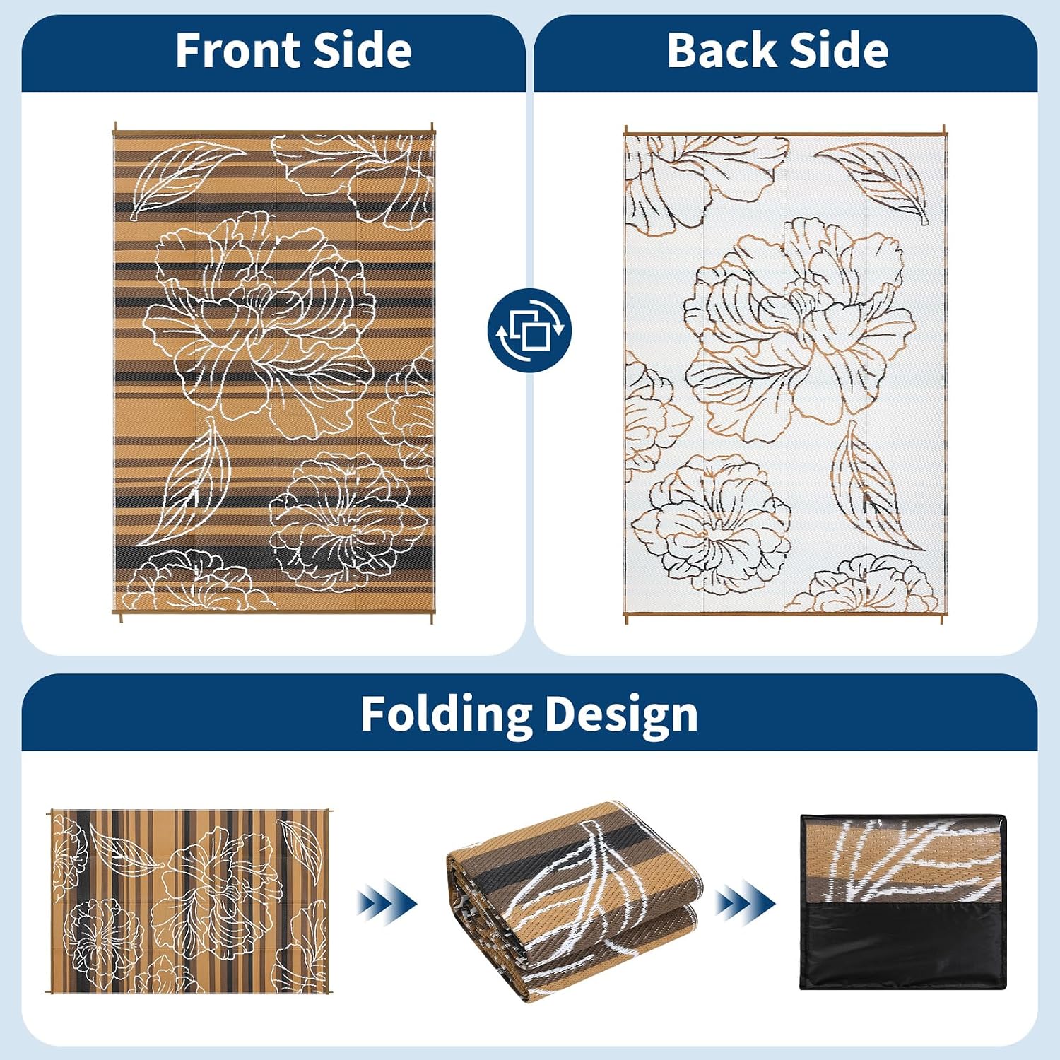 Garvee 5x8 Outdoor Waterproof Rug Reversible Straw Patio Rug Black&Brown | Floral Outdoor Area Rug, Portable Camping Mat for RV, Picnic, Beach, Balcony, Garden & Camping, Plastic Straw Rug - Image 5