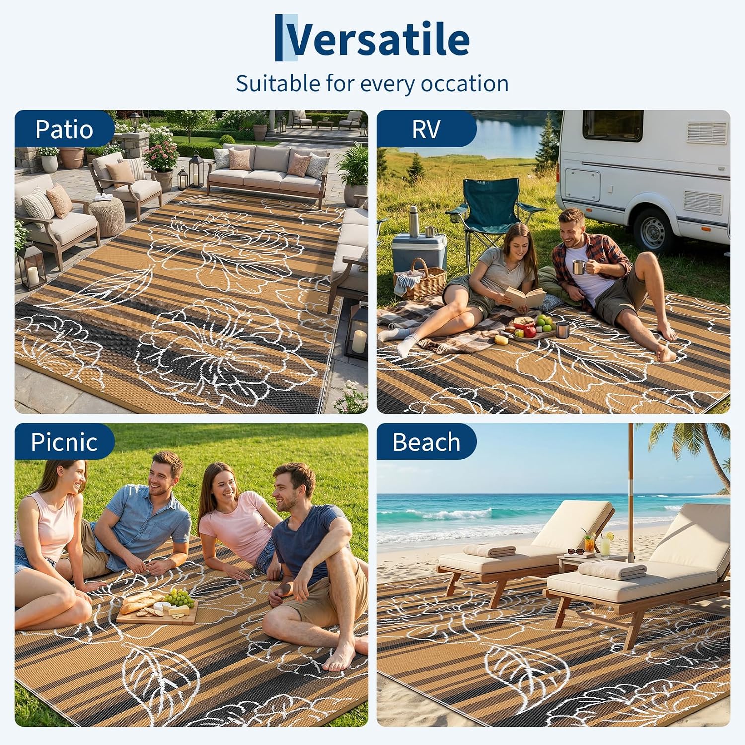 Garvee 5x8 Outdoor Waterproof Rug Reversible Straw Patio Rug Black&Brown | Floral Outdoor Area Rug, Portable Camping Mat for RV, Picnic, Beach, Balcony, Garden & Camping, Plastic Straw Rug - Image 6